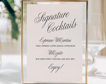 Signature Cocktail Wedding Sign, Personalized Editable Drink Menu, Elegant Bar Decor