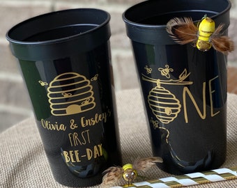 Bee-Day First Birthday Personalized Stadium Plastic Cups - Bee Birthday Stadium Cups - Birthday Favor