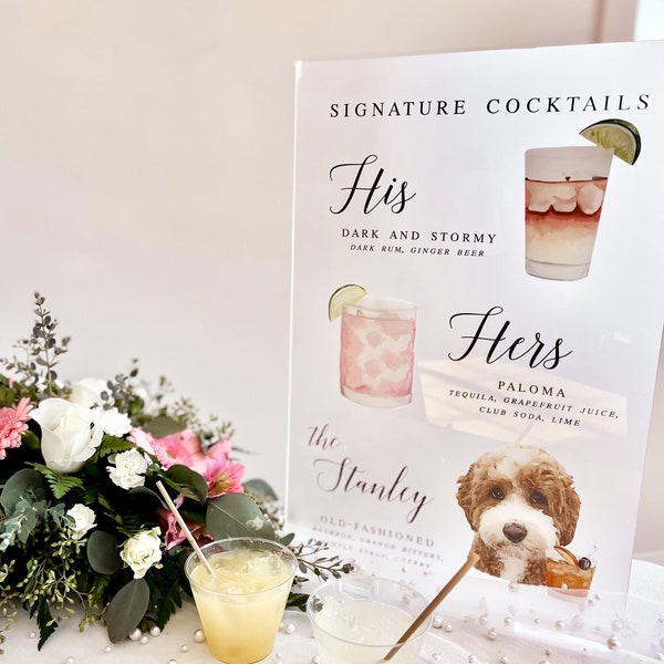 Dog Signature Cocktails Acrylic Sign, Two Dog Signature Drink Bar Menu, Pet Wedding Bar Menu, Wedding Bar Sign, Acrylic Bar Menu Sign