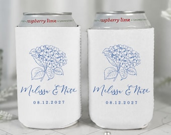 Personalized Hydrangea Wedding Can Coolers, Bridal Shower Favor, Custom Floral Drink Holder