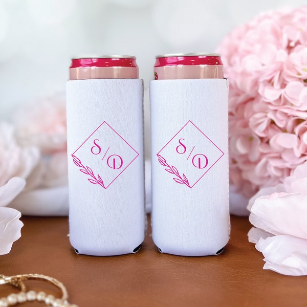 Diamond Monogram Slim Wedding Can Holder, Wedding Favor, Foam Beverage Holder, Custom Wedding Can Cooler, Slim Can Cooler