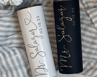 Personalized Bride and Groom Skinny Tumbler - Personalized Newlywed Tumbler, Laser Engraved, Stainless Steel Tumbler, Future Mrs Gift