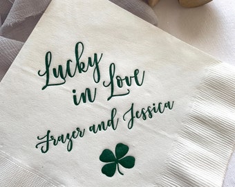 Lucky in Love Personalized Wedding Napkins, Rehearsal Dinner, Engagement Party, Custom Bar Napkins, Shamrock Wedding, St Patricks Day