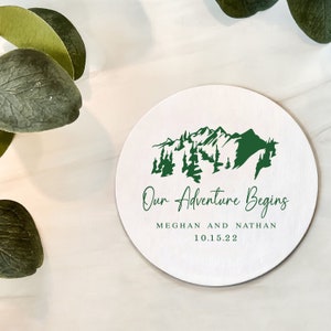 Our Adventure Begins Wedding Reception Coasters, Foil Stamped Coasters, Bridal Shower Drink Coaster, Rehearsal Dinner