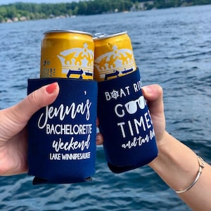 Boat Rides Good Times - Personalized Bach Bash Beer Can Holder, Tropical Bachelorette Party, Bridal Shower Favor