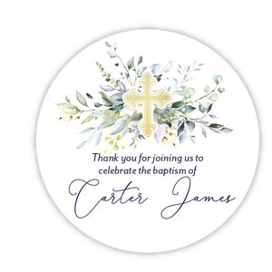 Grey and Blue Religious Personalized Stickers (First communion, Baptism, Christening, Religious boy, 2 Inch Stickers)