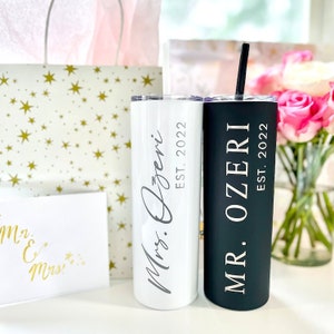 Personalized Bride and Groom Skinny Tumbler - Personalized Newlywed Tumbler, Laser Engraved, Stainless Steel Tumbler, Future Mrs Gift