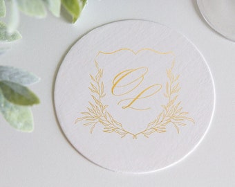 Monogram Crest Wedding Reception Coasters, Foil Stamped Coasters, Brunch Drink Coaster, Rehearsal Dinner, Bridal Shower, Engagement Party