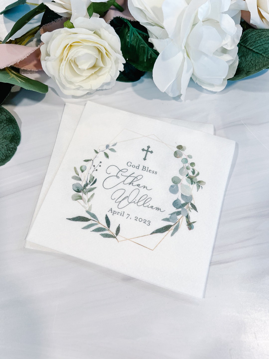 Greenery Geo Religious Napkins, Personalized Religious Napkins, Baptism