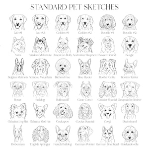 Pode incluir: Ilustra&ccedil;&atilde;o a preto e branco com v&aacute;rias ra&ccedil;as de c&atilde;es, incluindo Labradores, Golden Retrievers e doodles. O texto "STANDARD PET SKETCHES" est&aacute; no topo, com o nome de cada ra&ccedil;a por baixo.