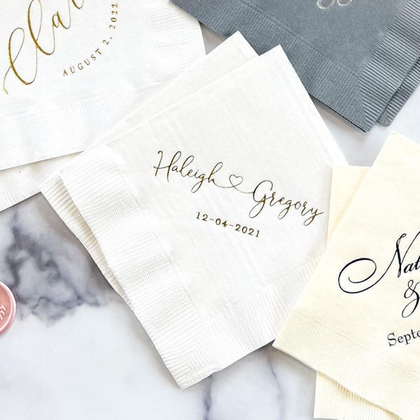 Custom Wedding Napkins - Names with Heart, Foil Printed Design