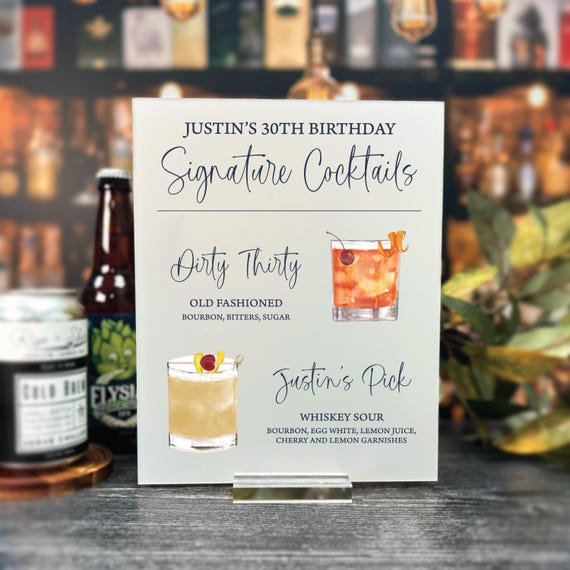 Signature Cocktail Bar Sign: Birthday Party Drink Menu - Acrylic