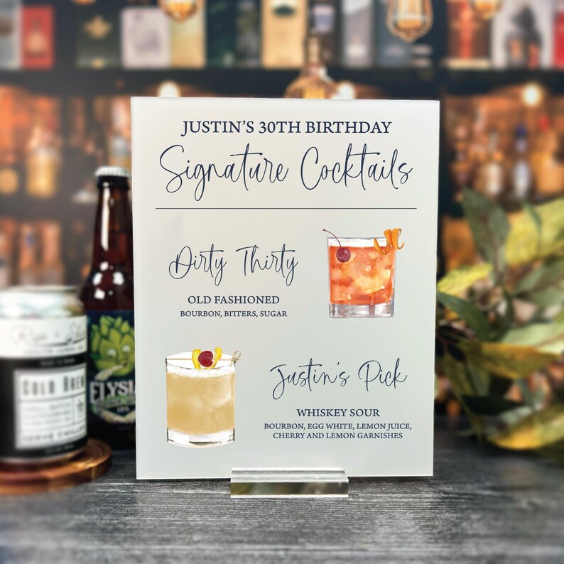 Signature Cocktail Bar Sign: Birthday Party Drink Menu - Acrylic image 1