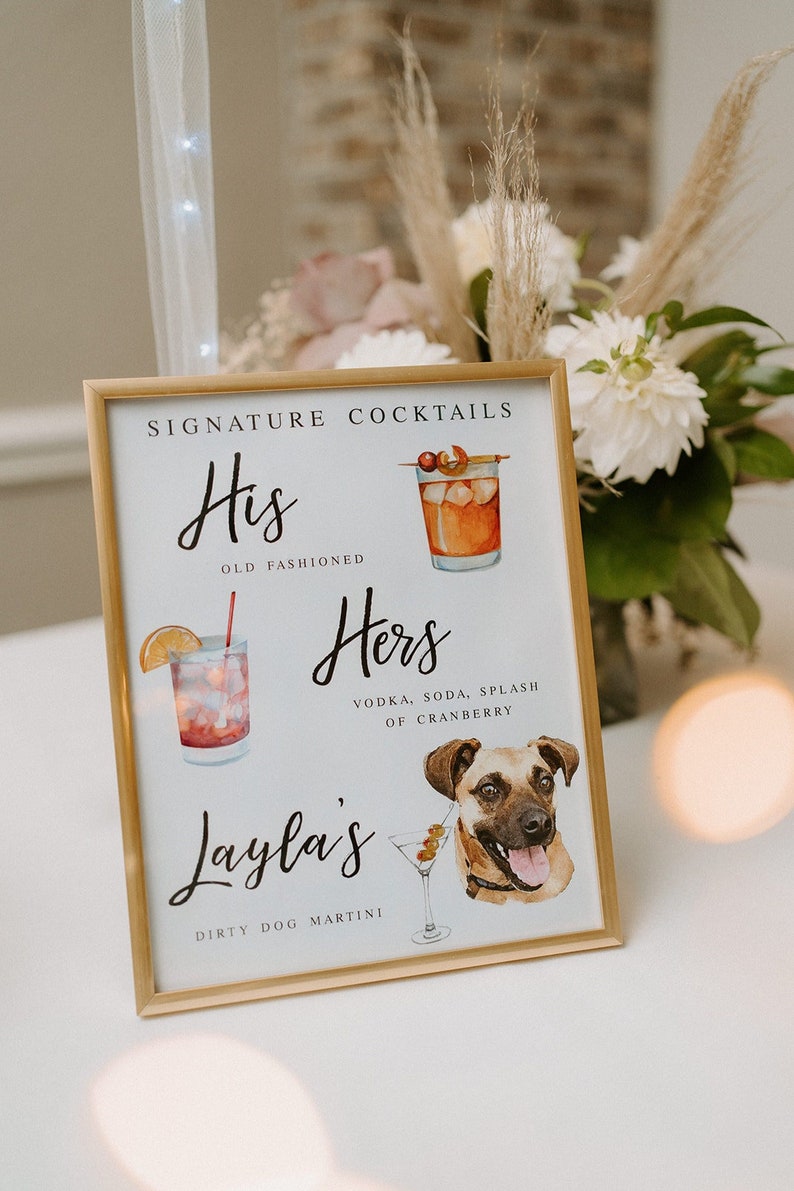 Dog Signature Cocktails Sign, Two Dog Signature Drink Bar Menu, Pet Wedding Bar Menu, Wedding Bar Sign, Bar Wedding Poster, Multiple Sizes image 1