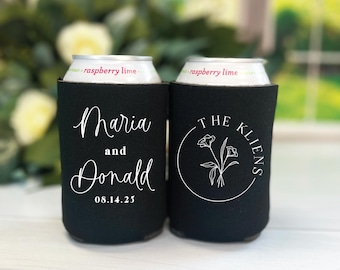 Personalized Wedding Can Cooler: Floral Foam Sleeve, Collapsible, Custom Drink Holder