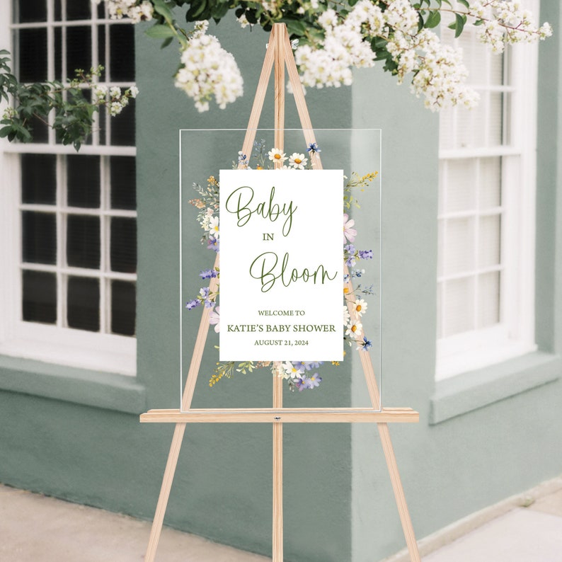 Baby in Bloom Personalized Baby Shower Acrylic Sign, Acrylic Baby Shower Sign, Baby Shower Welcome Sign, Welcome Sign, Baby Shower Decor image 2