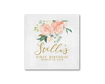 Spring Floral Birthday Napkins, Personalized Napkins, First birthday Decor, Custom Birthday Napkin, Floral Birthday, Full Color Napkins