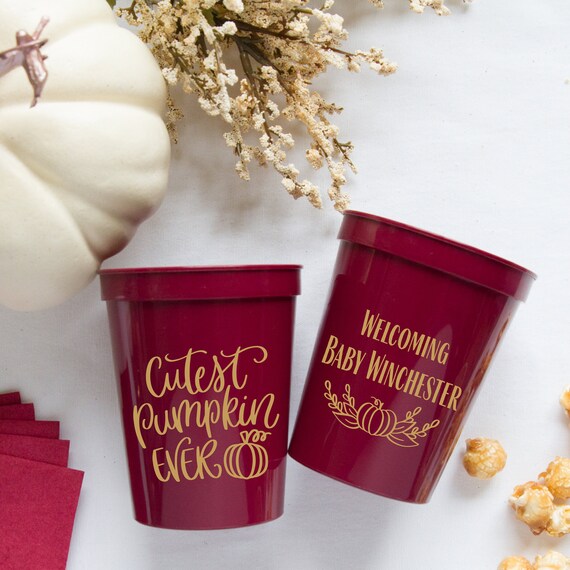 Cutest Pumpkin Ever Baby Shower Personalized Stadium Plastic Cups - Baby Shower Stadium Cups - Shower Favor- Fall Baby Shower Il_570xn