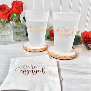 We're Engaged Engagement Party Cups and Napkins - Ready To Ship -White Napkins With Gold Foil, White Cups With Gold Ink, Engagement Party