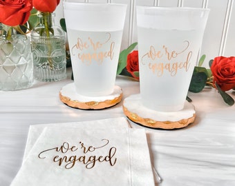 We're Engaged Engagement Party Cups and Napkins - Ready To Ship -White Napkins With Gold Foil, White Cups With Gold Ink, Engagement Party