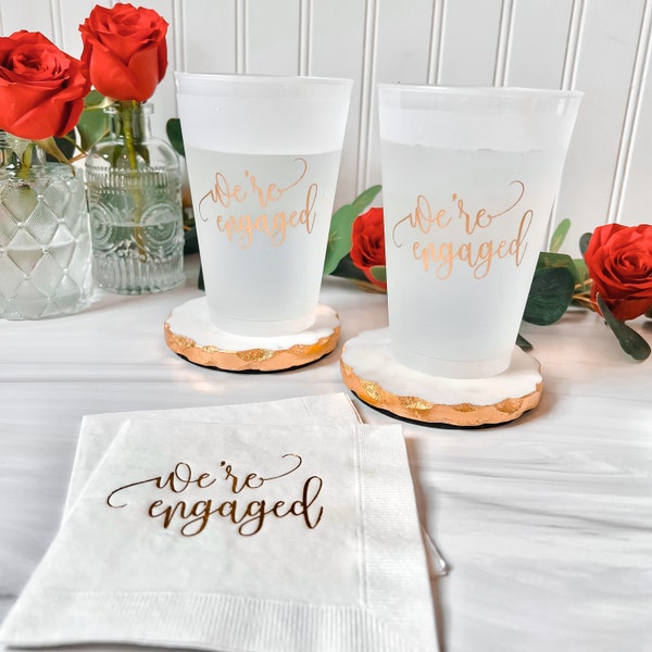 We're Engaged Engagement Party Cups and Napkins - Ready To Ship -White Napkins With Gold Foil, White Cups With Gold Ink, Engagement Party
