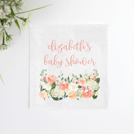 Pink Floral Baby Shower Napkins, Personalized Napkins, Custom Baby