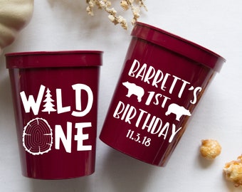 Wild One First Birthday Personalized Stadium Plastic Cups - Lumberjack Birthday Stadium Cups - Birthday Favor, Boy 1st Birthday