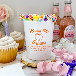 Drink Up Peaches Bachelorette Personalized Stadium Plastic Cups - Bachelorette Party - Savannah GA Bachelorette, Georgia Bachelorette