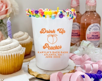 Drink Up Peaches Bachelorette Personalized Stadium Plastic Cups - Bachelorette Party - Savannah GA Bachelorette, Georgia Bachelorette