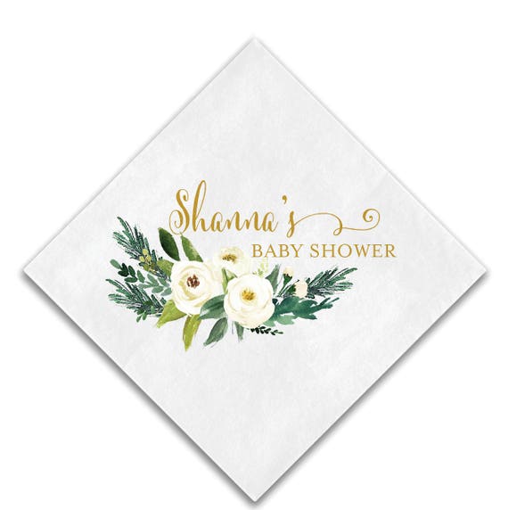 Winter White Floral Baby Shower Napkins, Personalized Napkins, Baby Shower Decor, Custom Baby Shower Napkin, Floral Baby, Full Color Napkins Il_570xn