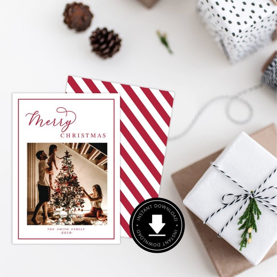 Merry Christmas Photo Card, Photo Holiday Card, Simple Design, Vertical Photo Printable Christmas Card, Instant Download Il_570xn