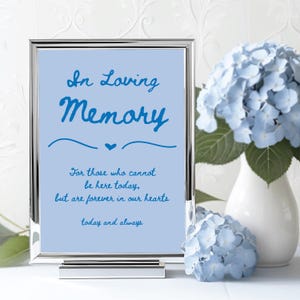May include: A silver-toned rectangular frame containing a light blue sign with dark blue text that reads: In Loving Memory, For those who cannot be here today, but are forever in our hearts, today and always. The sign features a small heart icon.