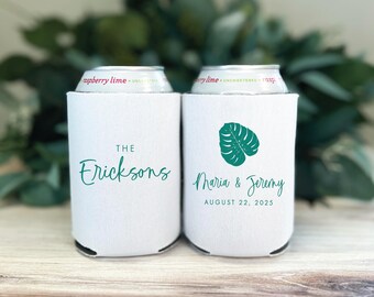 Tropical Wedding Can Coolers, Custom Text (12oz Collapsible Drink Holders)
