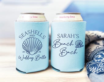 Can Coolers: Custom Seashells & Wedding Bells (Personalized 12oz Party Favors)
