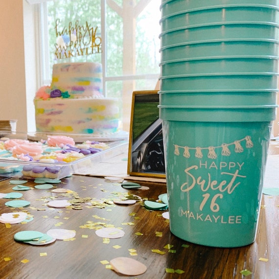 Happy Sweet 16 Birthday Stadium Plastic Cups - 16th Birthday Stadium Cups - Birthday Party - Party Favor - Birthday Favor Il_570xn