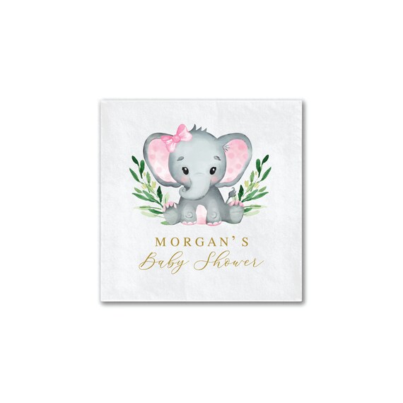 Pink Elephant Baby Shower Napkins, Personalized Napkins, Baby Shower