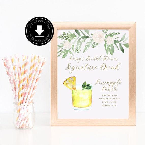 Floral Watercolor Greenery Baby Shower Greenery Gold Frame Lemonade Bar Sign Digital File Bridal Shower Instant Download
