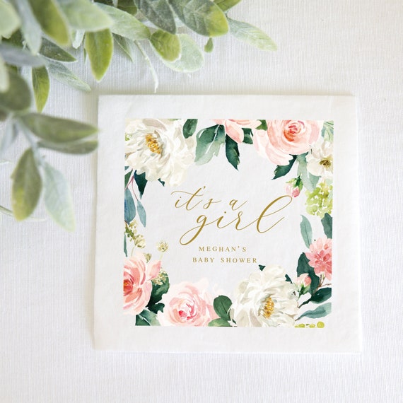 Pink Floral Baby Shower Napkins, Personalized Napkins, Custom Baby