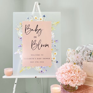 Baby in Bloom Personalized Baby Shower Acrylic Sign, Acrylic Baby Shower Sign, Baby Shower Welcome Sign, Welcome Sign, Baby Shower Decor image 1
