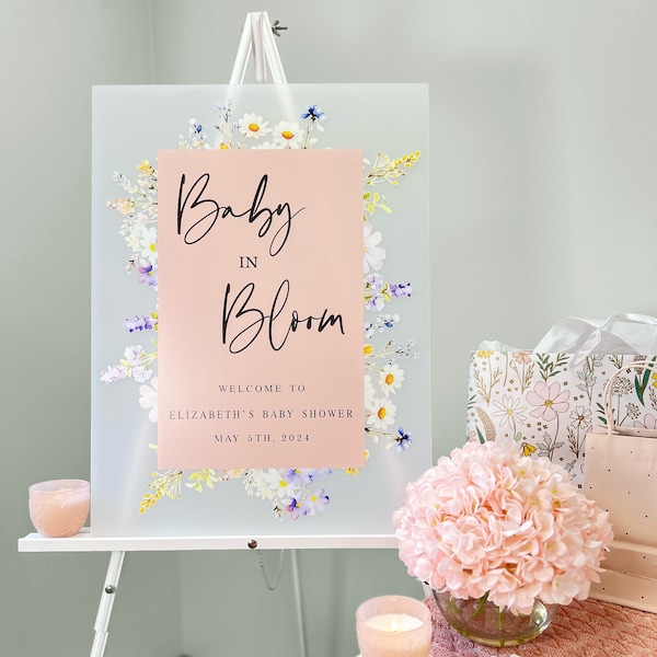 Baby in Bloom Personalized Baby Shower Acrylic Sign, Acrylic Baby Shower Sign, Baby Shower Welcome Sign, Welcome Sign, Baby Shower Decor