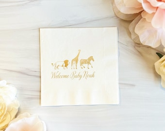 Zoo Animal Baby Shower Napkins: Personalized Foil Print