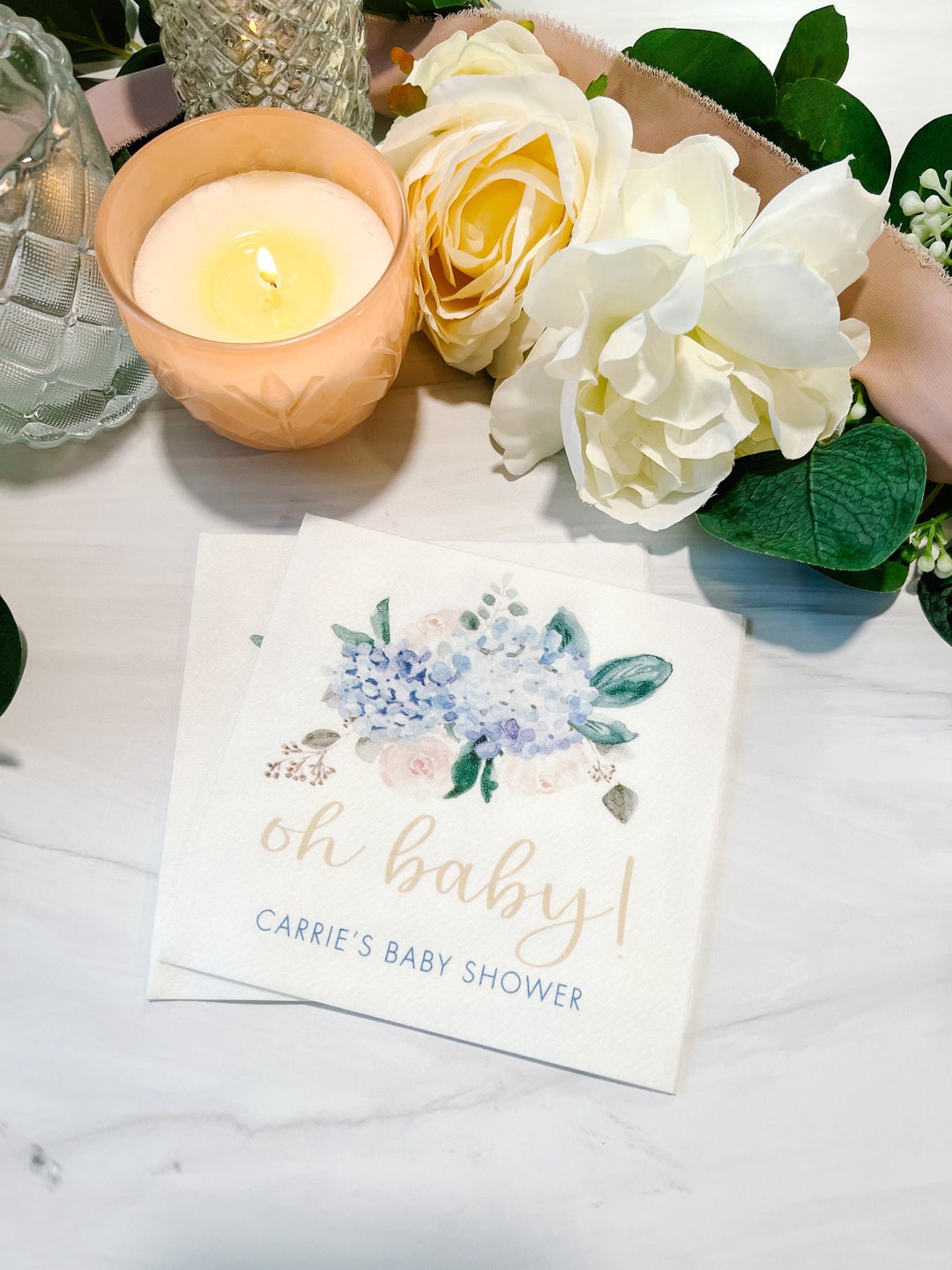 Blue Floral Baby Shower Napkins, Personalized Napkins, Baby Shower