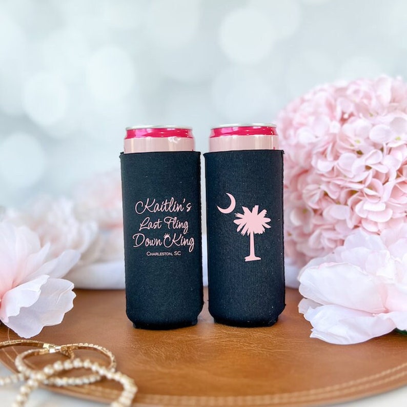 Last Fling Down King Personalized Bach Bash Beer Slim Can Holder, Bachelorette Party, Bridal Shower Favor image 1