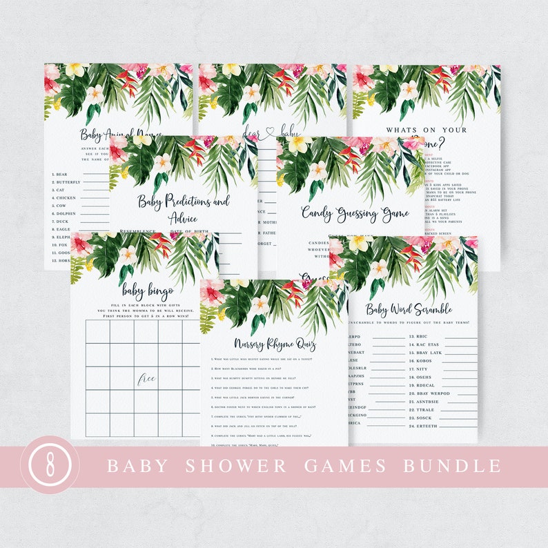 Baby Shower Games Bundle Baby Shower Games Edit Now INSTANT DOWNLOAD Tropical Floral Baby Shower Games Printable Shower Games