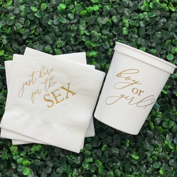 Just Here For The Sex Gender Reveal Party - Ready To Ship -White Napkins With Gold Foil, White Cups With Gold Ink Baby Shower Il_570xn