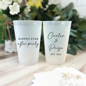 Wedding Cups, Frosted Plastic, Elegant Script (16oz, Custom Ink)