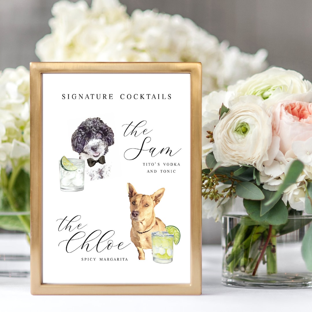 Dog Signature Cocktails Sign, Two Dog Signature Drink Bar Menu, Wedding