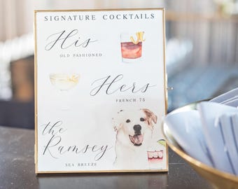 Watercolor Pet Signature Cocktail Sign | His, Hers & Dog Drinks - Wedding Bar Menu