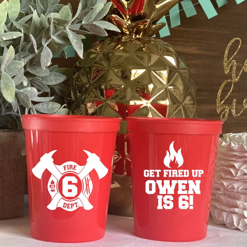 Firefighter Party Birthday Favor Firefighter Birthday Stadium Cups Fired Up Firefighter Birthday Personalized Stadium Plastic Cups