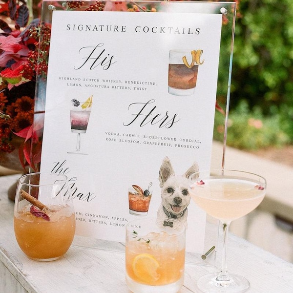Letrero para barra de bodas con mascotas, menú de cócteles con retrato personalizado de perro (varios tamaños)